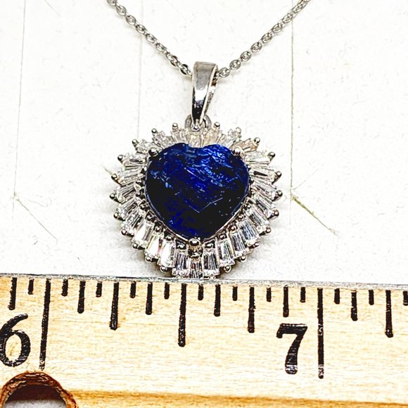 Kashmir Kyanite & Moissanite heart halo pendant 20 inch in Plat over SS 5.35 cts - Picture 2 of 5